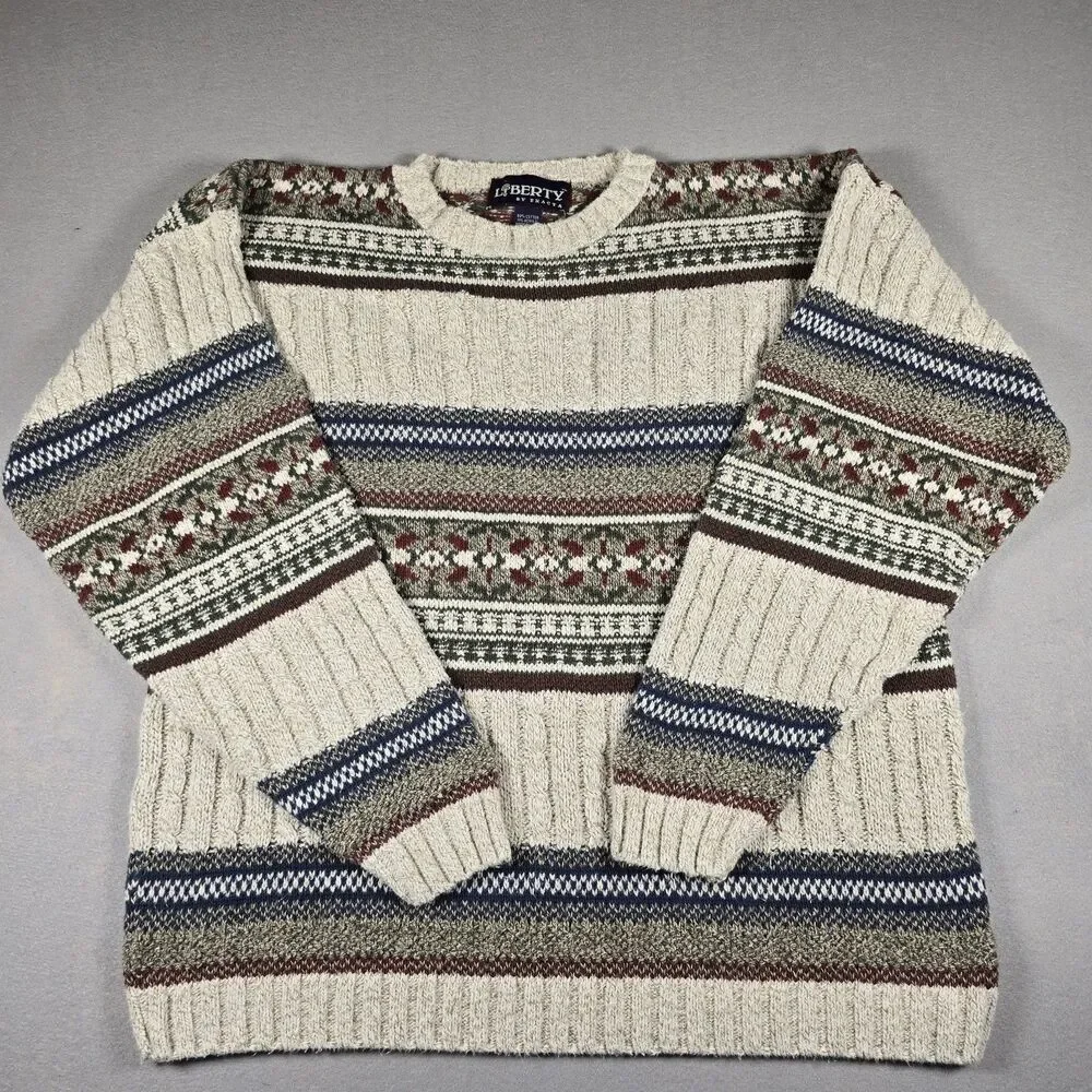 Liberty Mens L Beige Sweater Vintage Fair Isle Crewneck Cable Knit USA Made